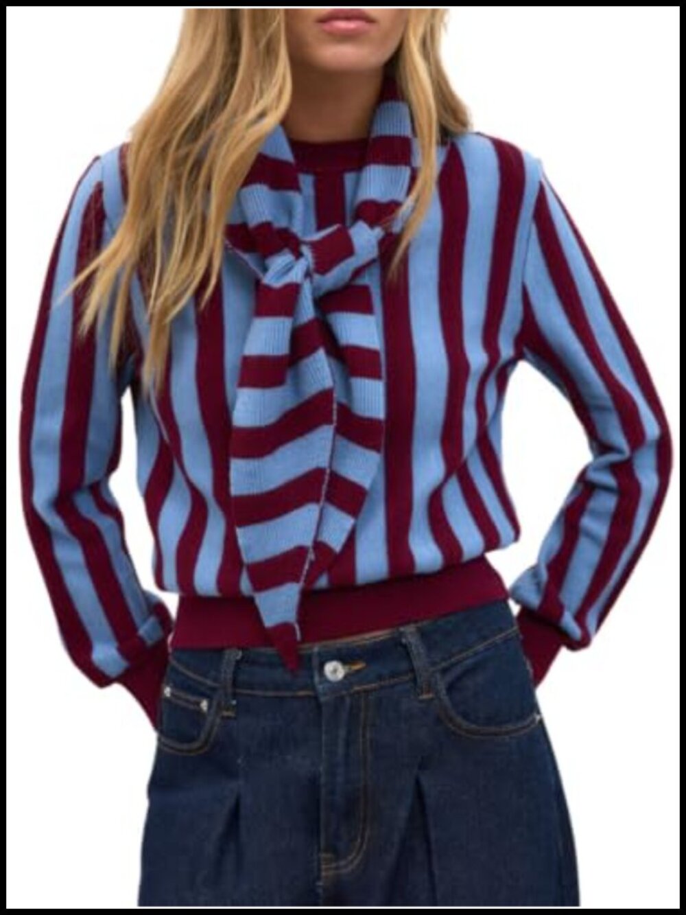 Striped Ribbed Knit Long Sleeve Pullover Sweater with Tie Neck Scarf
